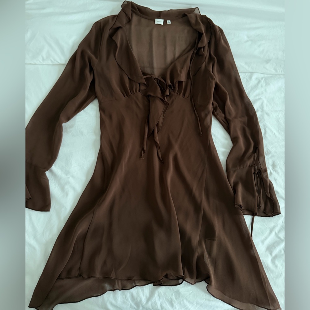 Aritzia sheer Wilfred Chocolate Long Sleeve Dress
